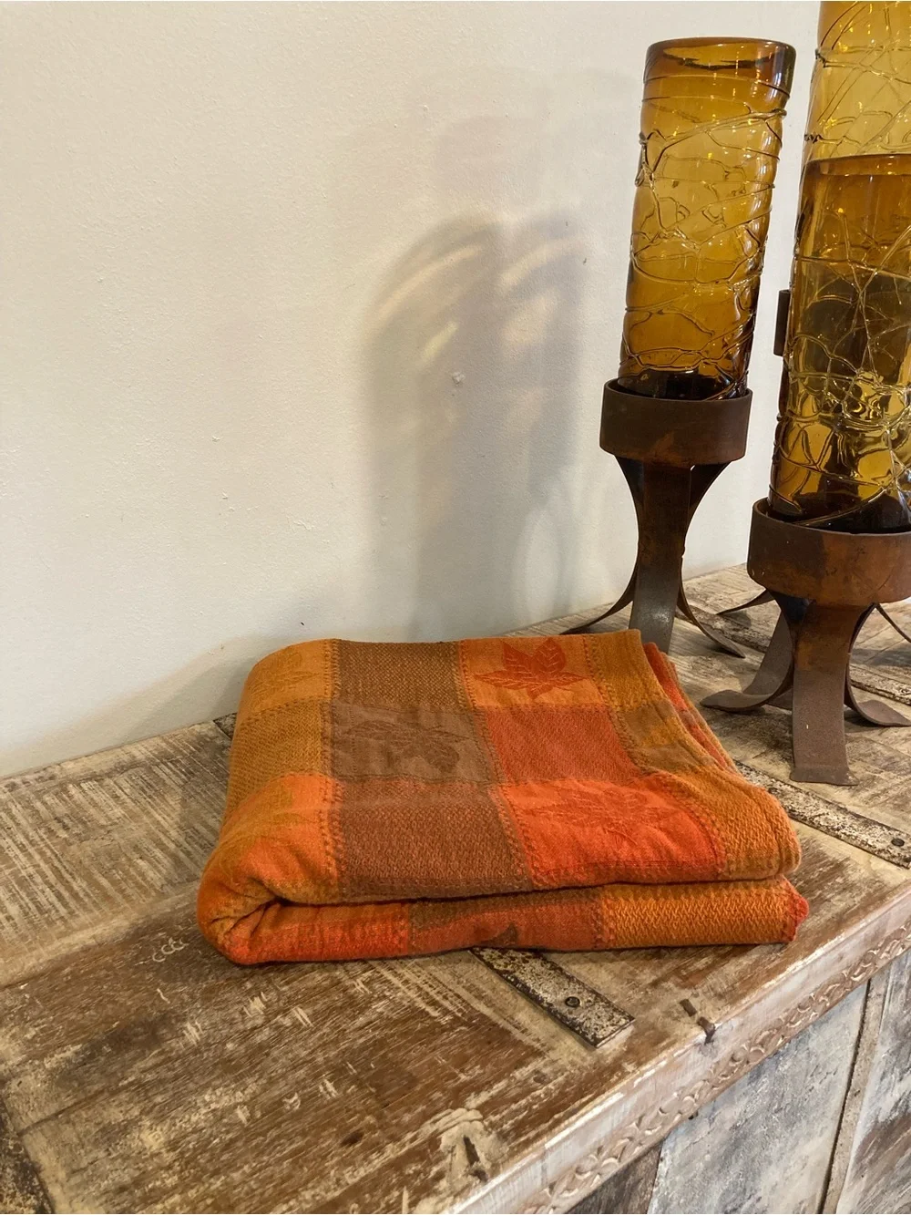 Fall Autumn Plaid Tablecloth Cotton Leaves Orange Brown 71 x 52”